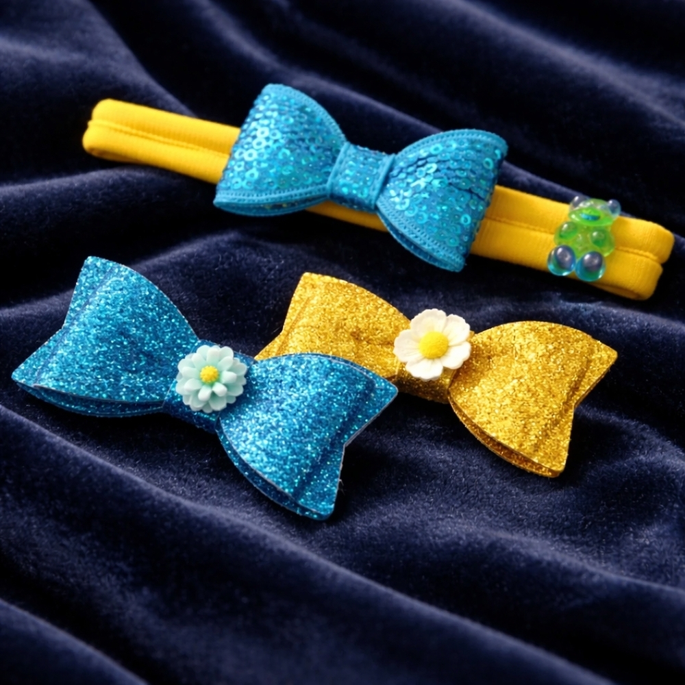 Nwt new Handmade bow clips barrettes set yellow turquiose headband girls